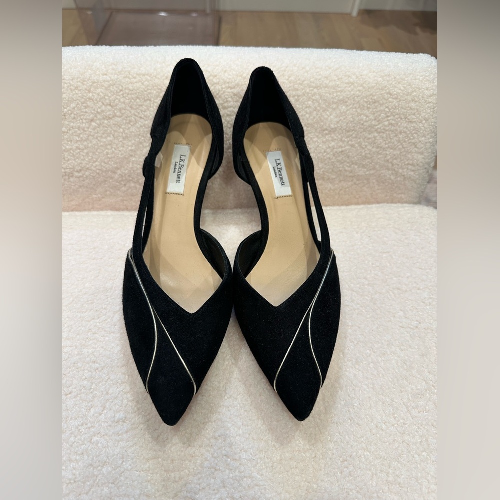 L K Bennett Loretta Black Suede & Gold Detail Heels Elegant Size 38 (US 7.5)